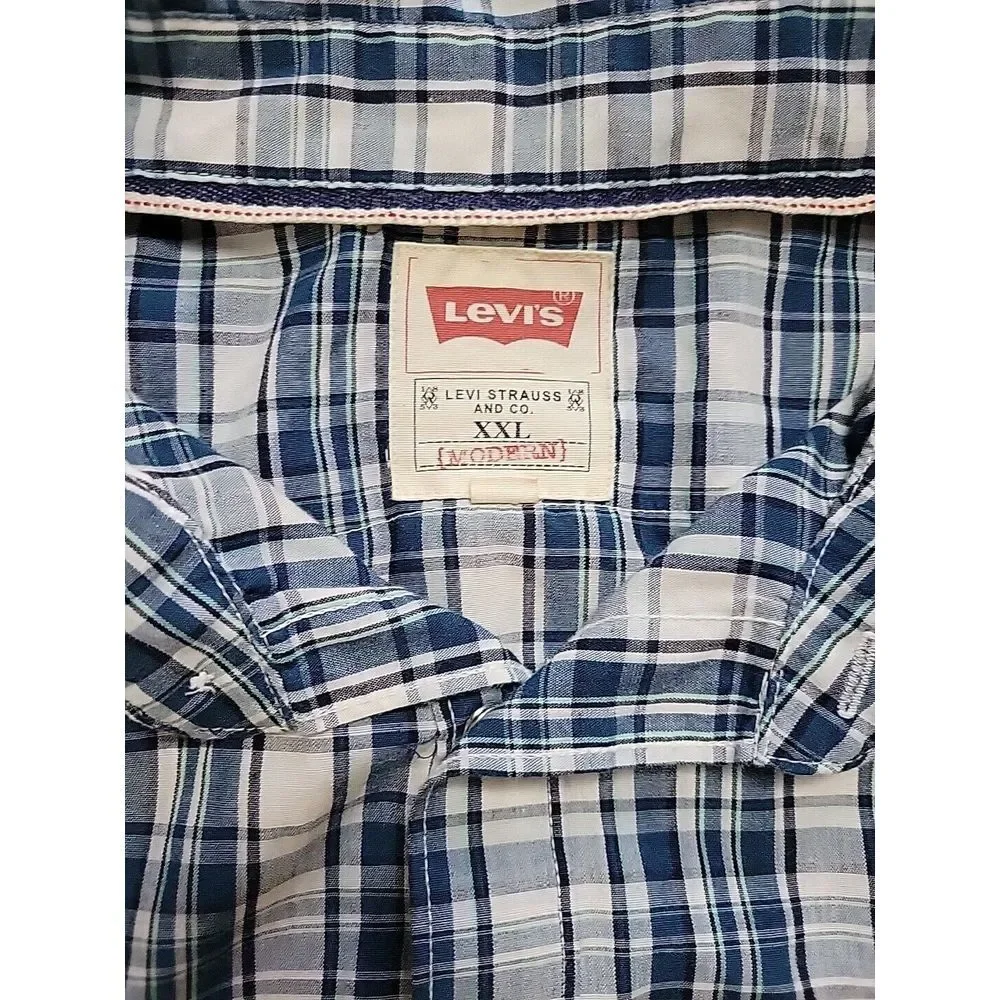 Levis‎ Pearl Snap Western Men's Shirt  XXL 2XL Blue Plaid Long Sleeve White Tab